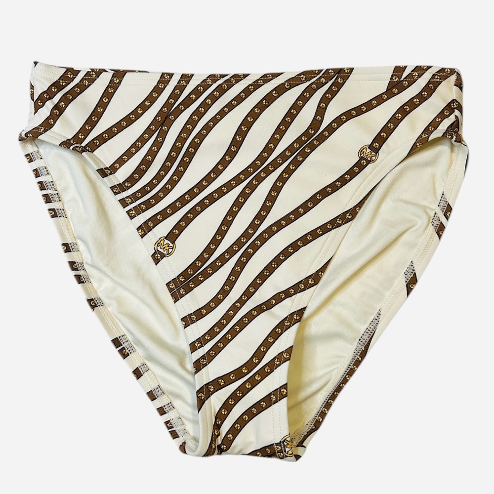 Michael Kors Logo Printed Bikini Bottom, High Cut Legs, Cream/Brown, XS